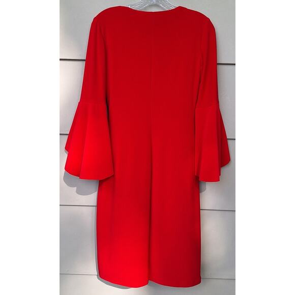 Lauren Ralph Lauren Bell Sleeve Faux Wrap Red Dress Surplice V Neckline Size 4 - Picture 3 of 12
